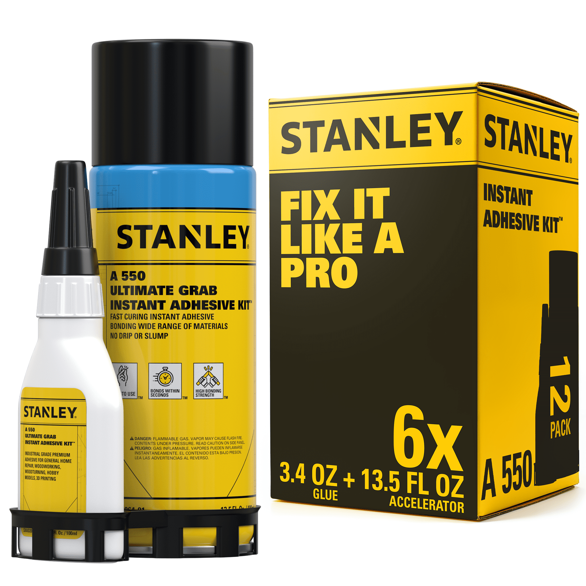 Stanley CA Glue with Activator Bundle, (3.4 oz. - 13.5 fl oz.) 6 Pack