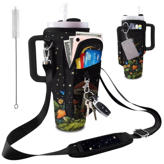 Stanley Carrier Bag for Stanley 40oz/30ozTumbler with Phone with 2 Adjustable Strap,11 Pockets Bottle Stanley Cup Carrier Bag & Case,Accessories for Hiking Travelling,Mushroom