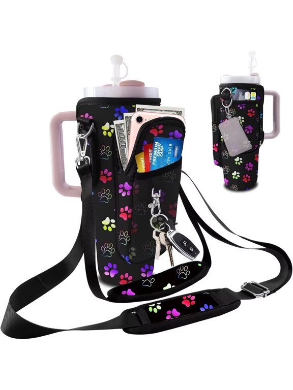 Dog Paw Water Bottle Carrier Bag for Stanley 40oz/30oz Tumbler, Cup Holder Sleeve with 2 Adjustable Straps and Phone Pocket for Hiking Travel