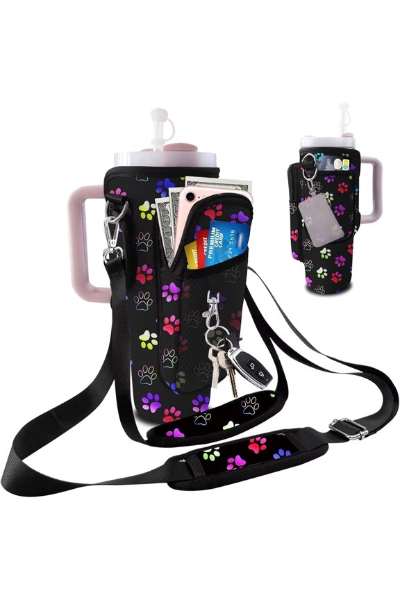 Dog Paw Water Bottle Carrier Bag for Stanley 40oz/30oz Tumbler, Cup Holder Sleeve with 2 Adjustable Straps and Phone Pocket for Hiking Travel