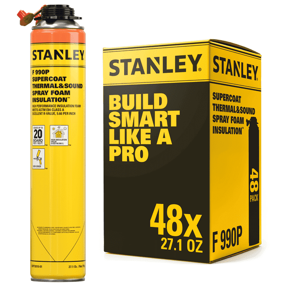 Stanley F990P SuperCoat Spray Foam - Fire Rated - R-Value 11.32 at 2” - Covers 960 Board Feet at 1” - Gun Use (Not Included) - 48 Pack