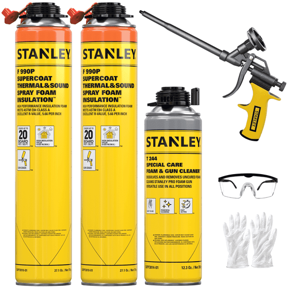 Stanley F990P SuperCoat Class A Fire Rated Closed Cell Spray Foam Kit - R-Value 11.32 at 2” - Covers 40 Board Feet at 1” - 2 Pack Set