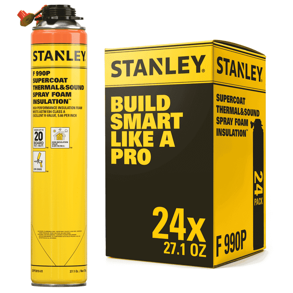 Stanley F990P SuperCoat Spray Foam - Fire Rated - R-Value 11.32 at 2” - Covers 480 Board Feet at 1” - Gun Use (Not Included) - 24 Pack