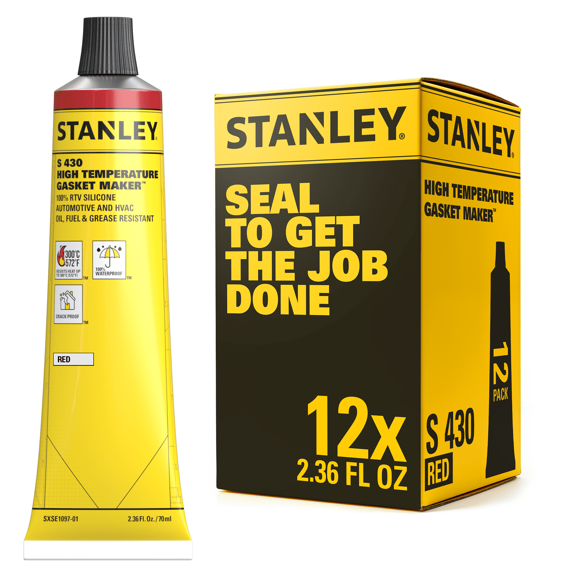 Stanley High Temp Gasket Maker - RTV Silicone Sealant -2.36oz-Red-12 Pack