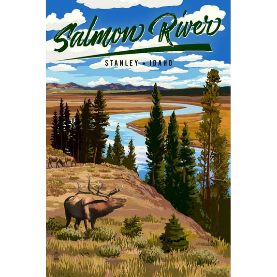 Stanley, Idaho, Salmon River, River and Elk (16x24 Giclee Gallery Art Print, Vivid Textured Wall Decor)