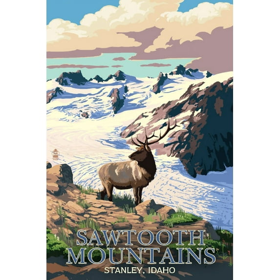 Stanley, Idaho, Sawtooth Mountain, Elk and Snowy Mountain (16x24 Giclee Gallery Art Print, Vivid Textured Wall Decor)
