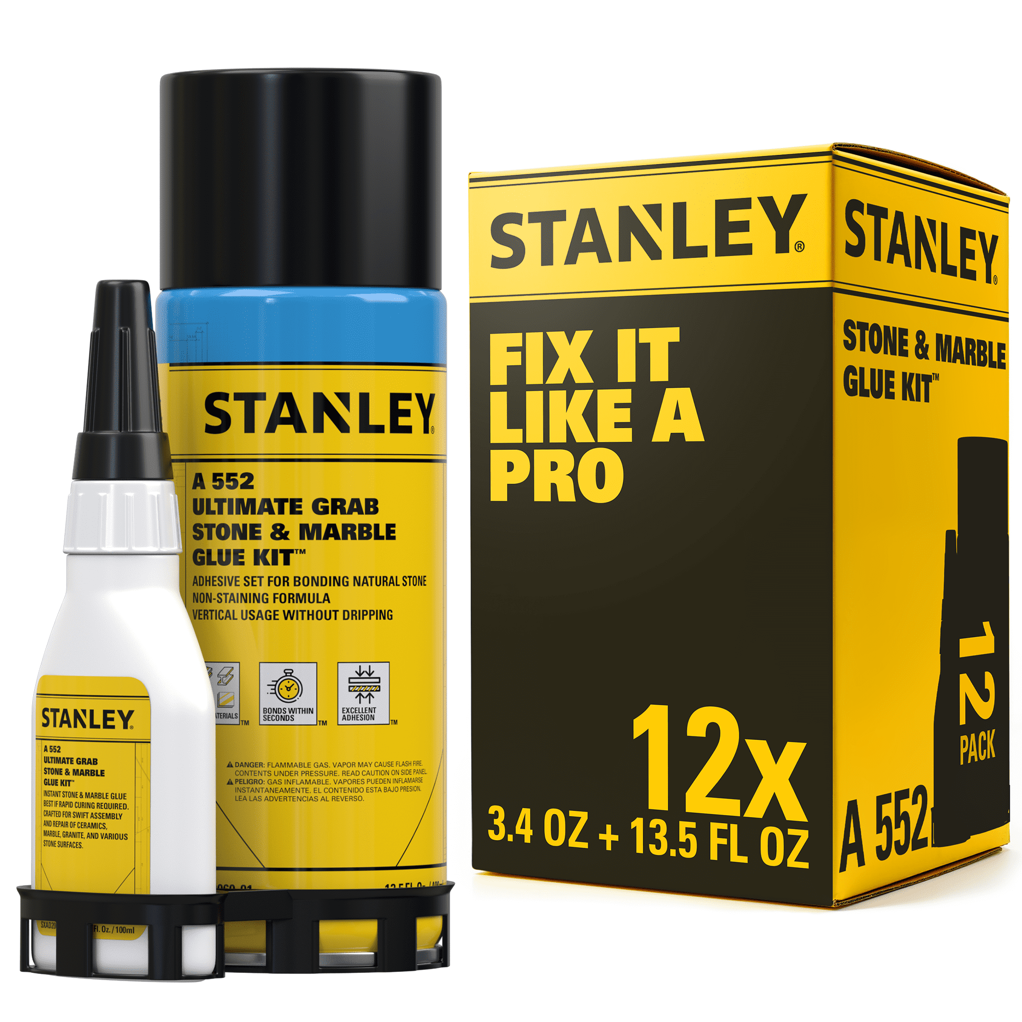 Stanley Instant Stone & Marble Glue-Adhesive & Activator,(3.4 oz.-13.5 fl oz.)-12 Pack