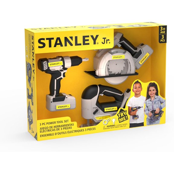 Stanley Jr. 3 Pack Kids Toy Power Tool Set with Drill, Circular Saw and Jigsaw Fun Pretend Play Tools for Young Builders Ages 3+ Batteries Included