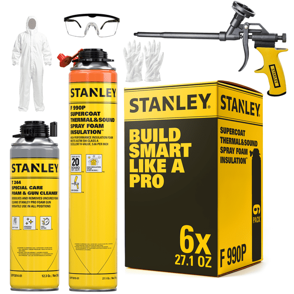 Stanley F990P SuperCoat Class A Fire Rated Closed Cell Spray Foam Kit - R-Value 11.32 at 2” - Covers 120 Board Feet at 1” - 6 Pack Set