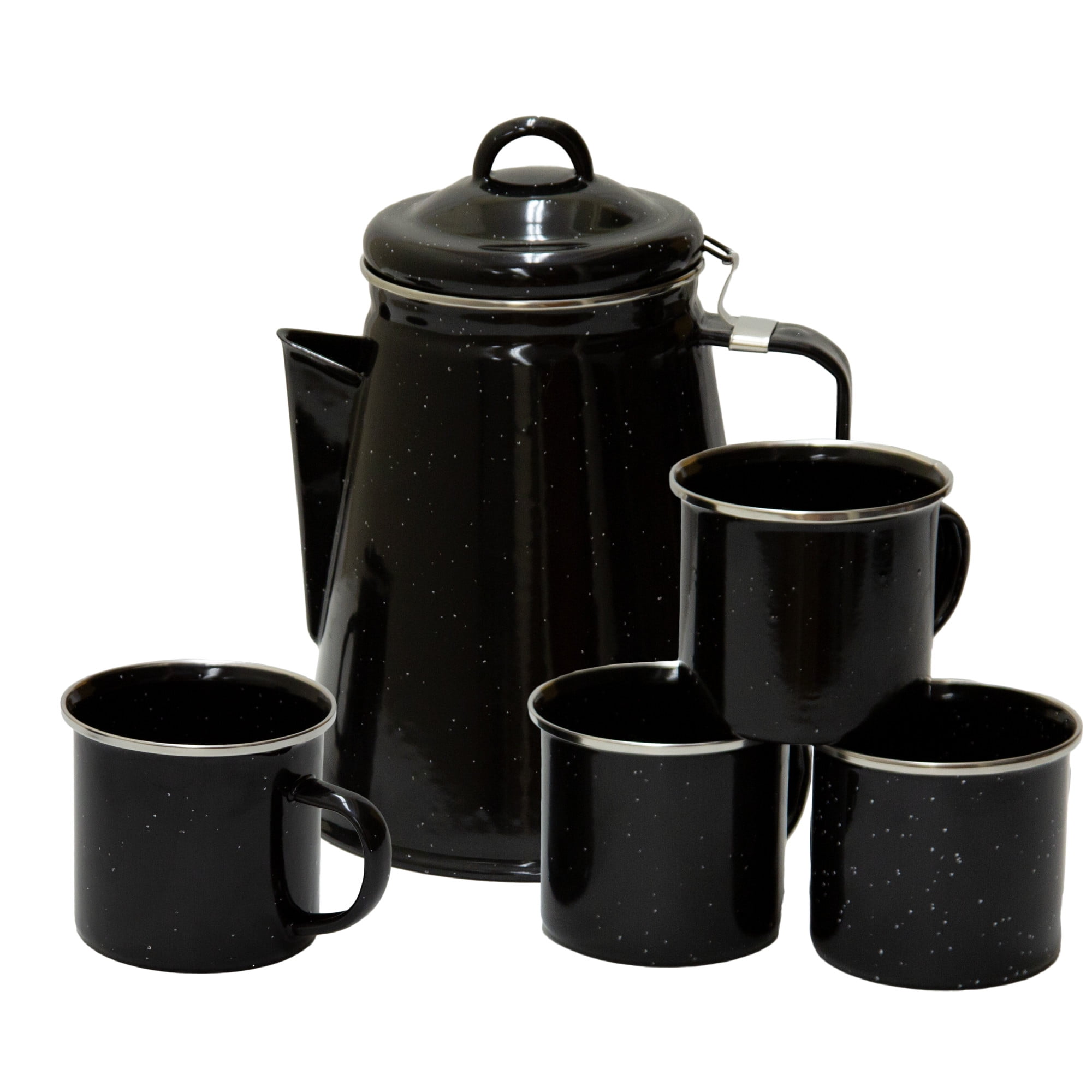 Stansport Enamel Percolator Coffee Pot & 4 Mug Set - Black