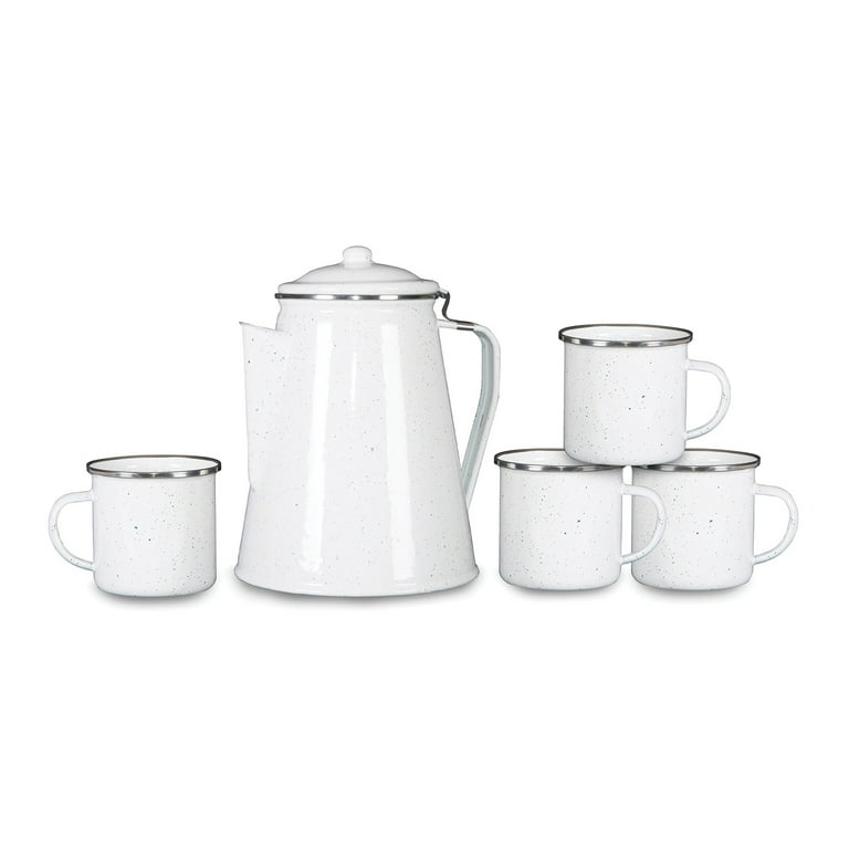 Enamel Percolator Coffee Pot & 4 Mug Set - Blue
