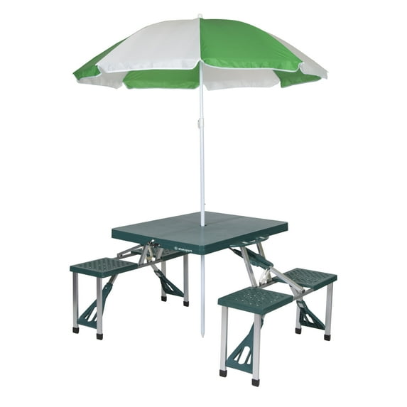 Stansport Folding Picnic Table with Umbrella, Aluminum Frame, Multiple Colors, Rectangular