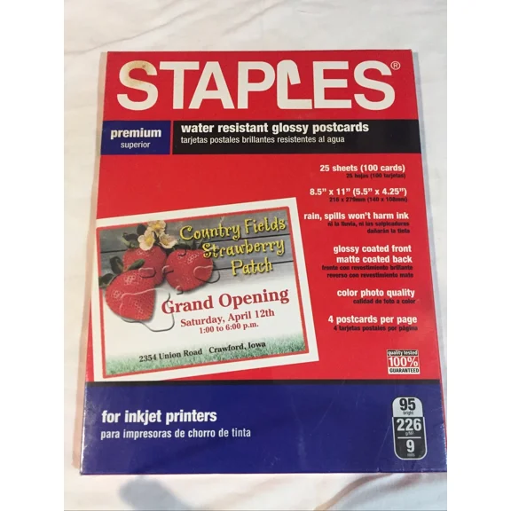 Stapes Premium Water Resistant Glossy Postcards Inkjet Printers 100 Cards
