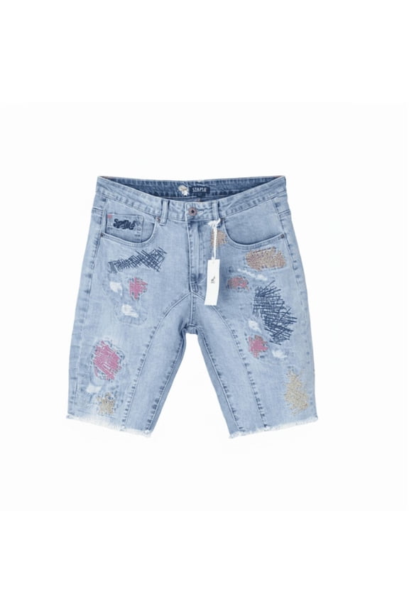 Staple Pigeon Light Stonewash Multicolor Stitching Distressed Denim Shorts Sz 38