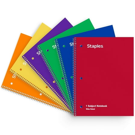 Staples 1 Subject Notebook 8" x 10.5" Wide Ruled 70 Sheets Assorted 6/PK TR11667M