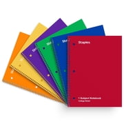 Staples 1-Subject Notebooks 8" x 10.5" College Ruled 70 Sheets Assorted Colors 6/Pack (TR58376)