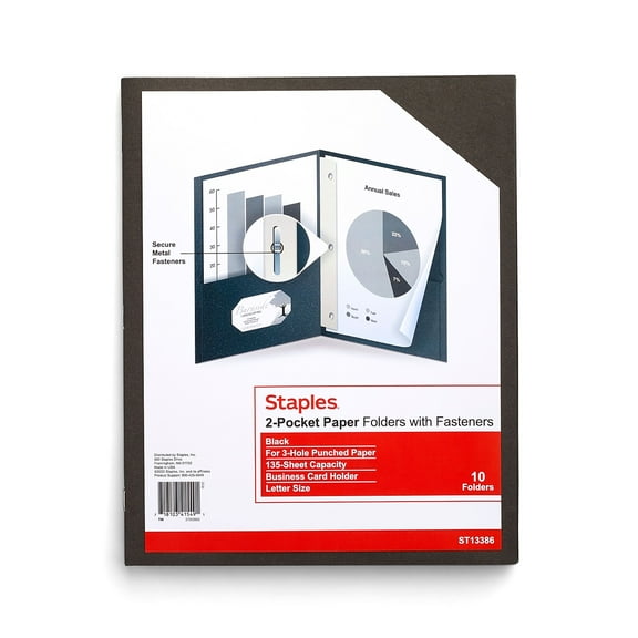 Staples 10% Recycled Smooth 2-Pocket Paper Presentation Folder with Fasteners Black 10/Pack