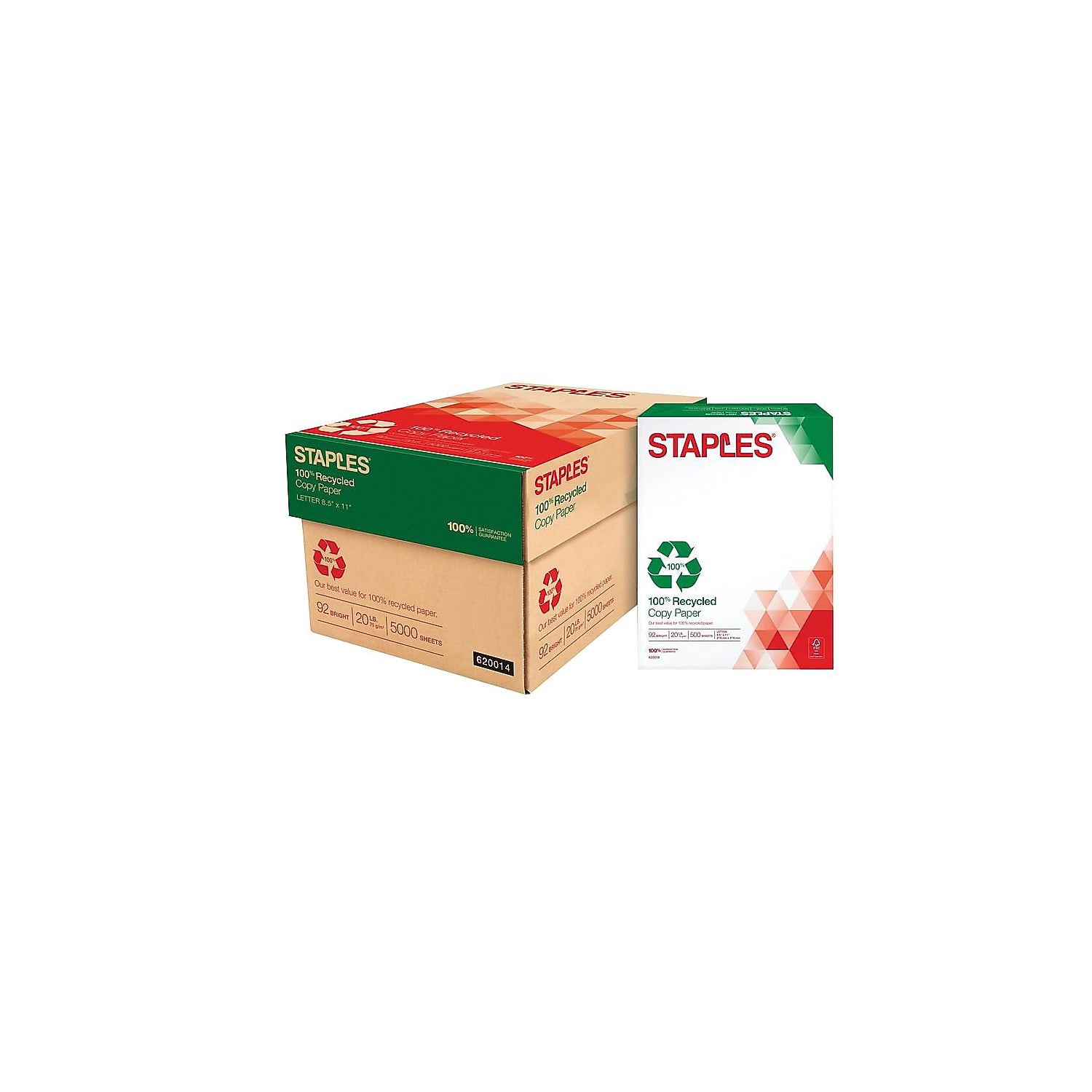 Staples 100% Recycled 8.5" x 11" Copy Paper 20 lbs 92B 500/RM 10 RM/CT 620014