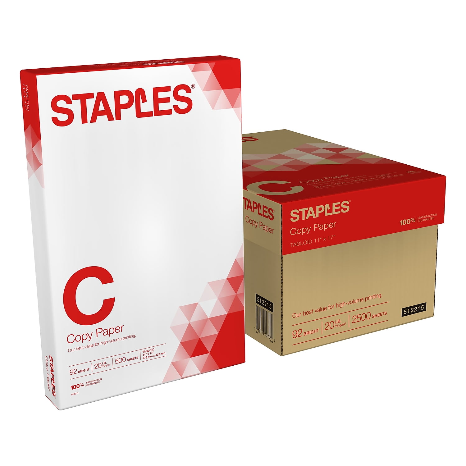 Staples 11 x 17 Copy Paper 20 lbs 92 Brightness 500 RM 5 RM CT 512215