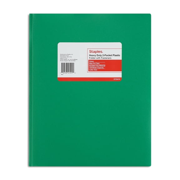 Staples 2‑Pocket Portfolio Folder with Fasteners, Letter Size, Durable Poly Construction, Green