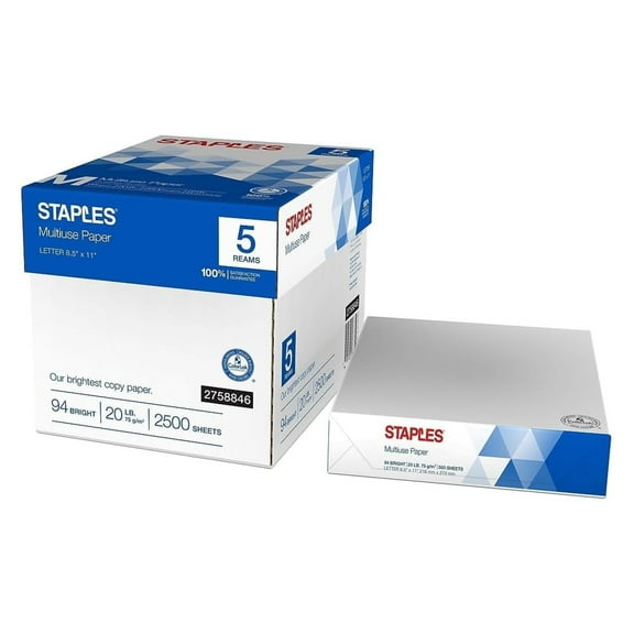 Staples 2758846 Multiuse 8.5-Inch X 11-Inch Copy Paper 20 Lbs 94 Brightness 500/Rm 5 Rm/Ct