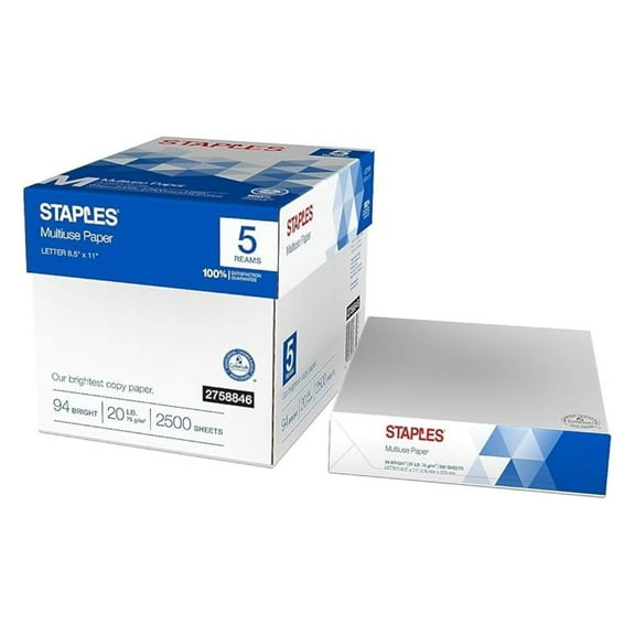 Staples 2758846 Multiuse 8.5-Inch X 11-Inch Copy Paper 20 Lbs 94 Brightness 500/Rm 5 Rm/Ct