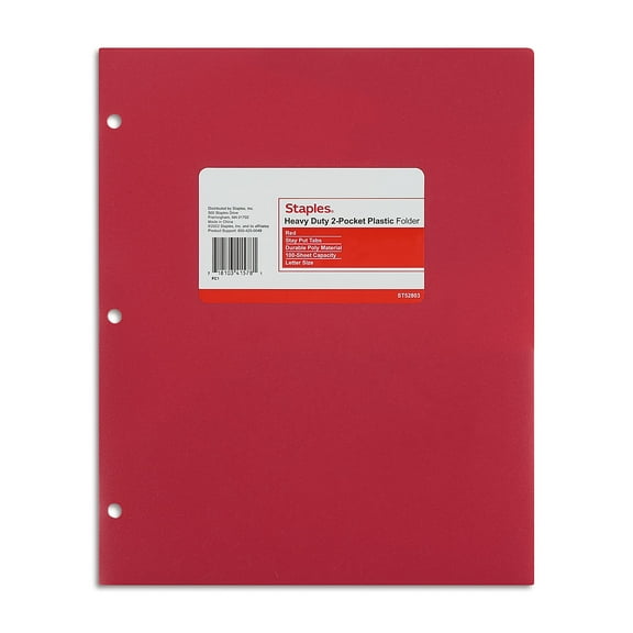 Staples 3-Hole Punched 2-Pocket Plastic Portfolio Folder Red (ST52803-CC)