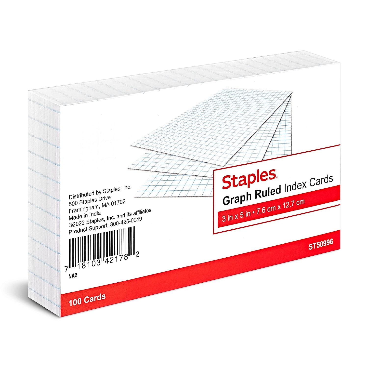 Staples 3" x 5" Graph Ruled White Index Cards 100/Pack TR50996