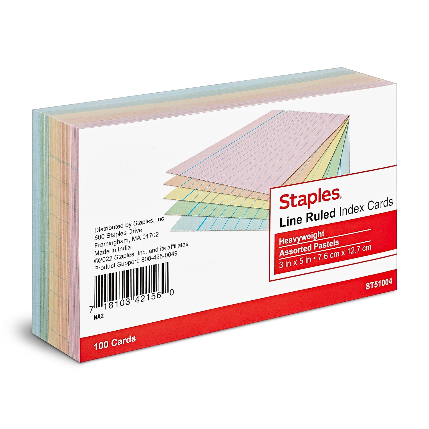 Staples 3" x 5" Index Cards Lined Assorted Colors 100/Pack (TR51004