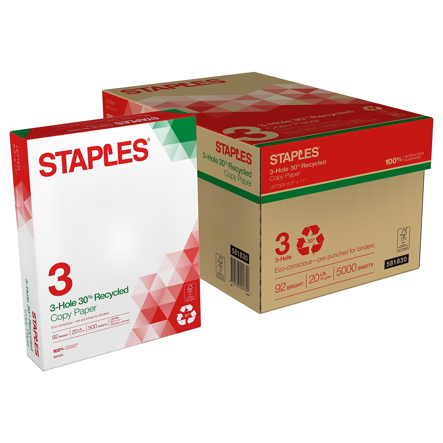 Staples 30% Recycled 8.5" x 11" Copy Paper 20 lb 92B 500/RM 10 RM/CT 112370