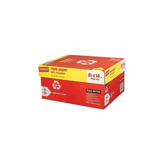 Staples 30% Recycled 8.5" x 14" Copy Paper 20 lb 92 Bright 500/RM 10 RM/CT 112380