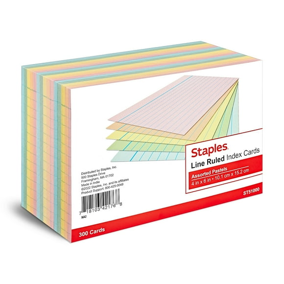 Staples 4" x 6" Index Cards Lined Assorted Colors 900/Carton ST51000-CCVS