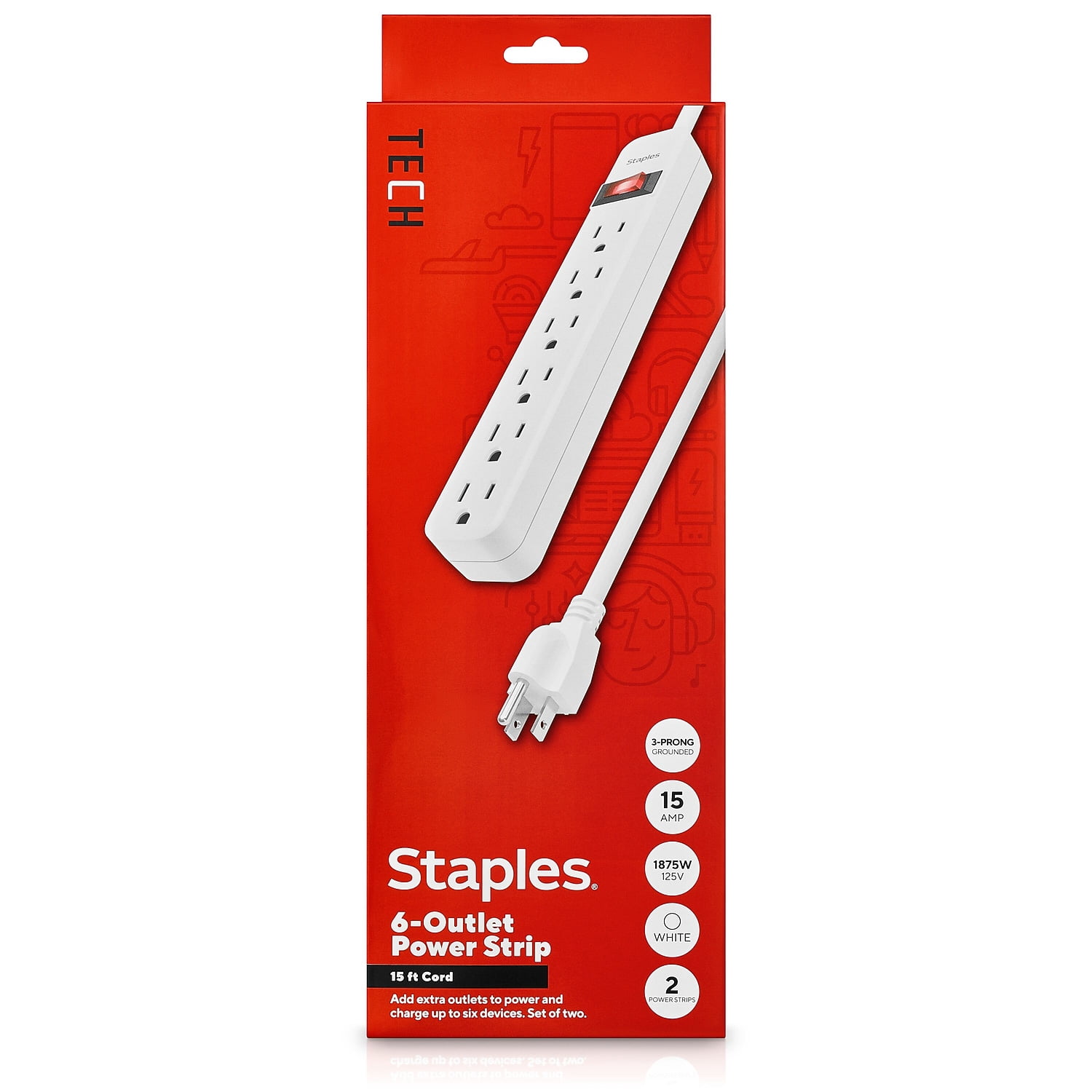 Staples 6-Outlet Power Strip 15' Cord White 2/Pack 24353926
