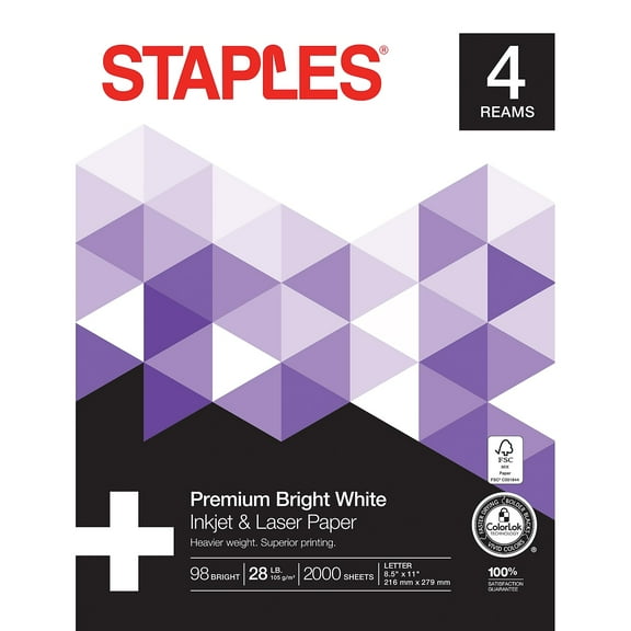 Staples 8.5" x 11" Laser Paper 28 lbs. 98 Brightness 500/RM 4 Reams/Carton 733331