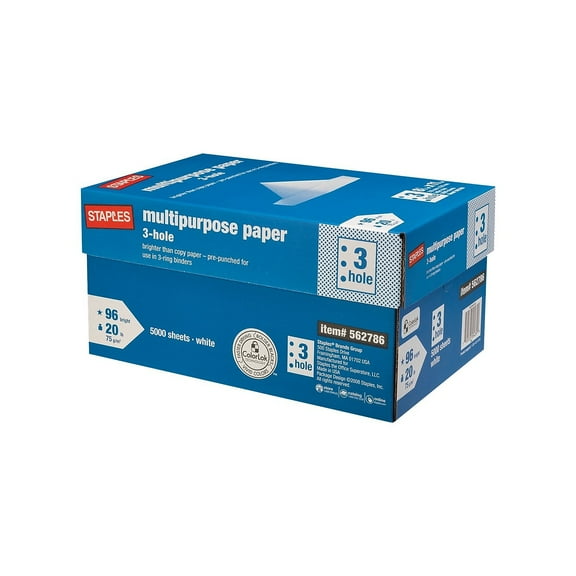 Staples 8.5" x 11" 3-Hole Punch Multipurpose Paper 20 lbs. 96 Brightness 500/Ream 10 Reams/Carton
