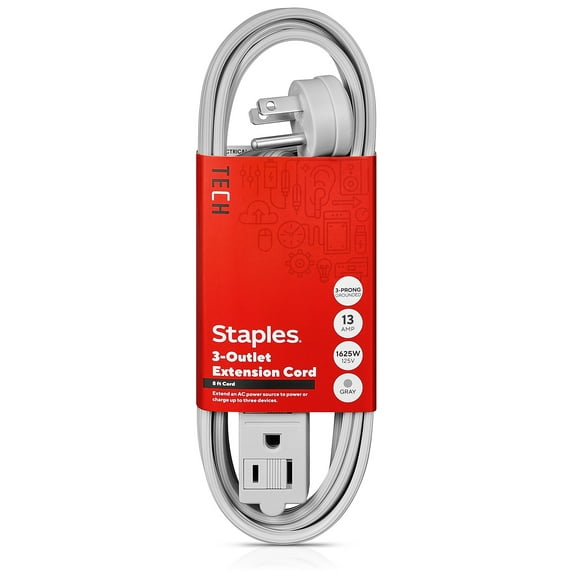 Staples 8' Extension Cord 3-Outlet with Safety Covers Gray (22131) 398820