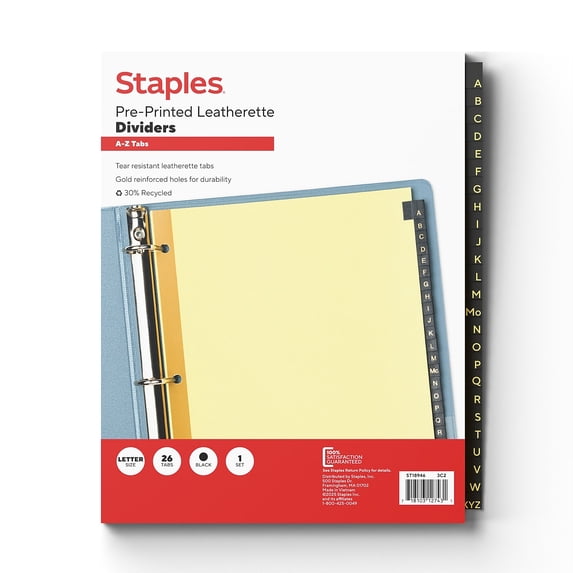 Staples Alphabetical A-Z Leather Dividers 25-Tab Black (18946/11483) 483305
