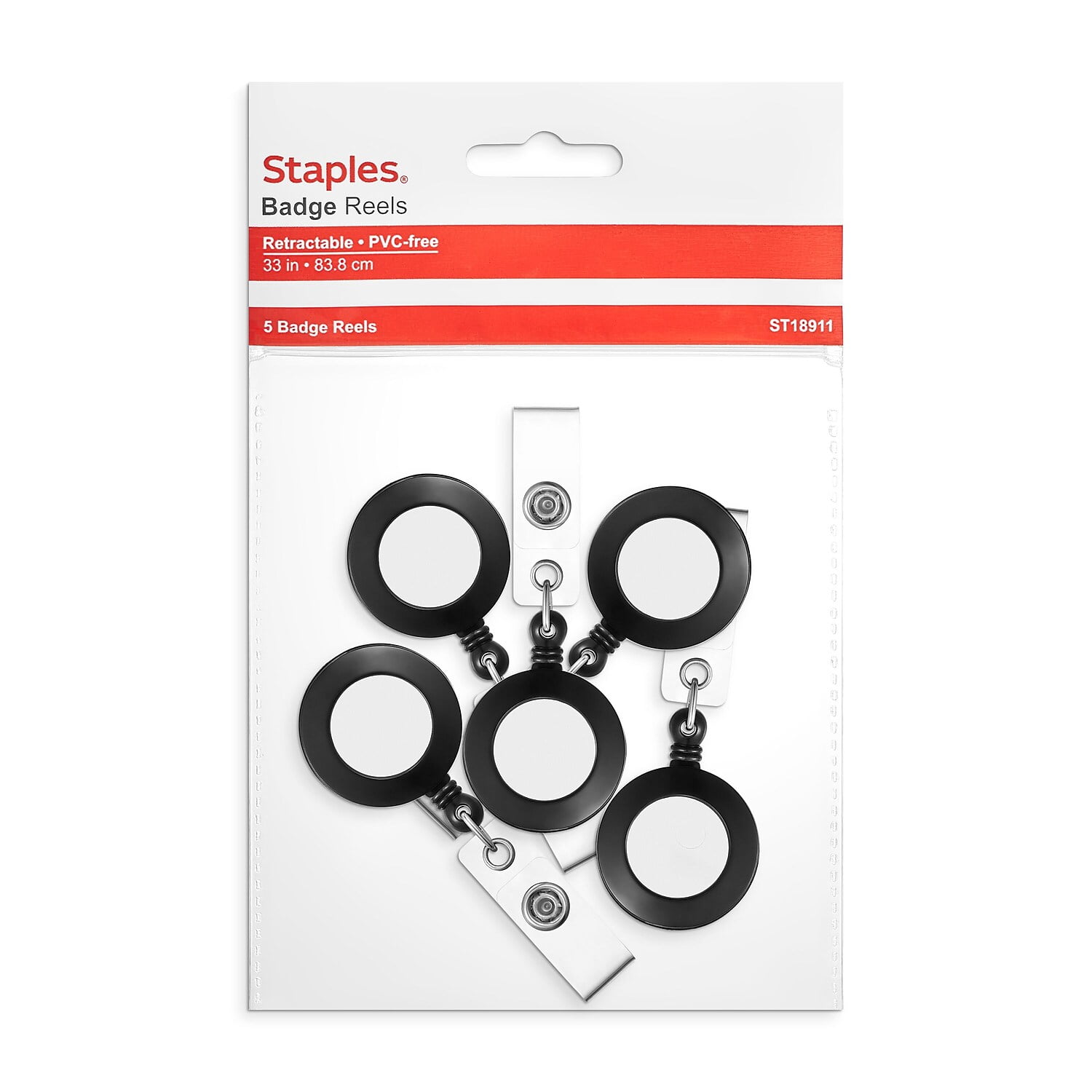 Staples Badge Reels 33 Retractable Cord Length Vinyl/Metal Black 15/Carton  18911VS