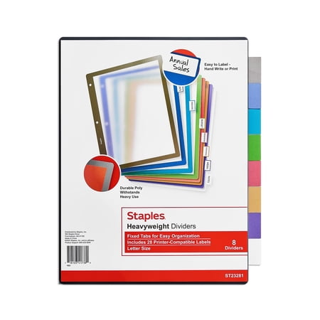 Staples Better Print & Apply Label Plastic Div. 8-Tab Asst Colors Set 23281