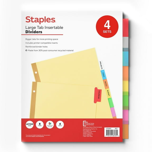 Staples Big Tab Blank Paper Dividers 8-Tab Multicolor 4/Pack (13517/14483)
