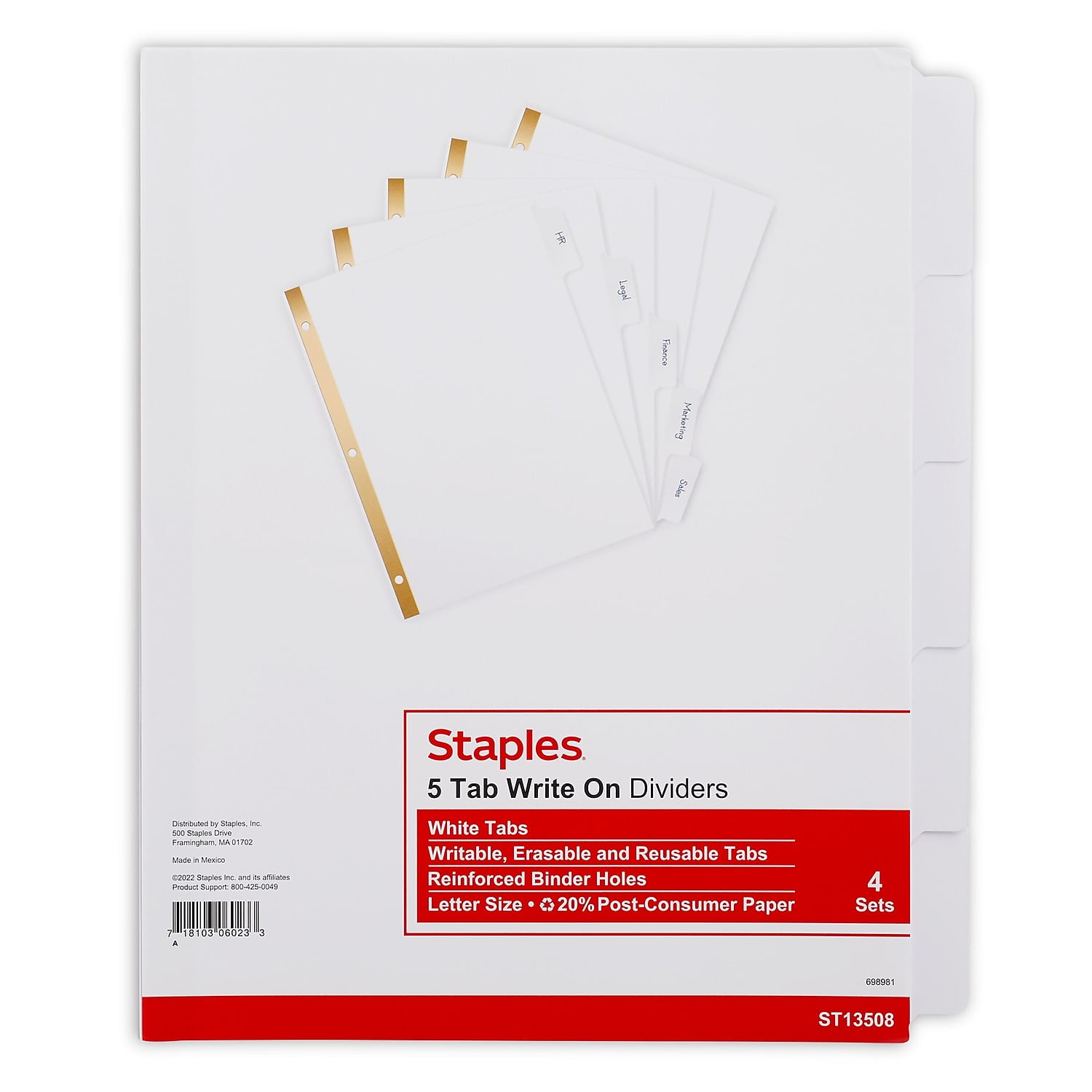 Staples Big Tab Write-On Blank Paper Dividers 5-Tab White 4 Sets/PK ...