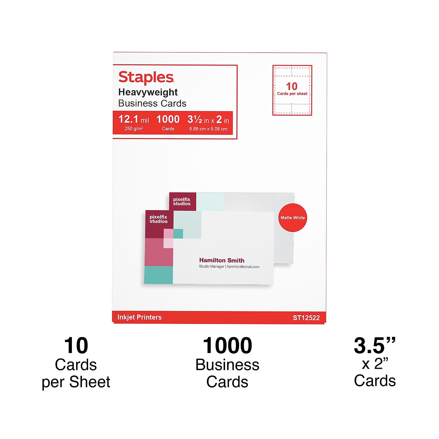Staples Business Cards 3.5" x 2" Matte White 2000/Carton ST12522VS