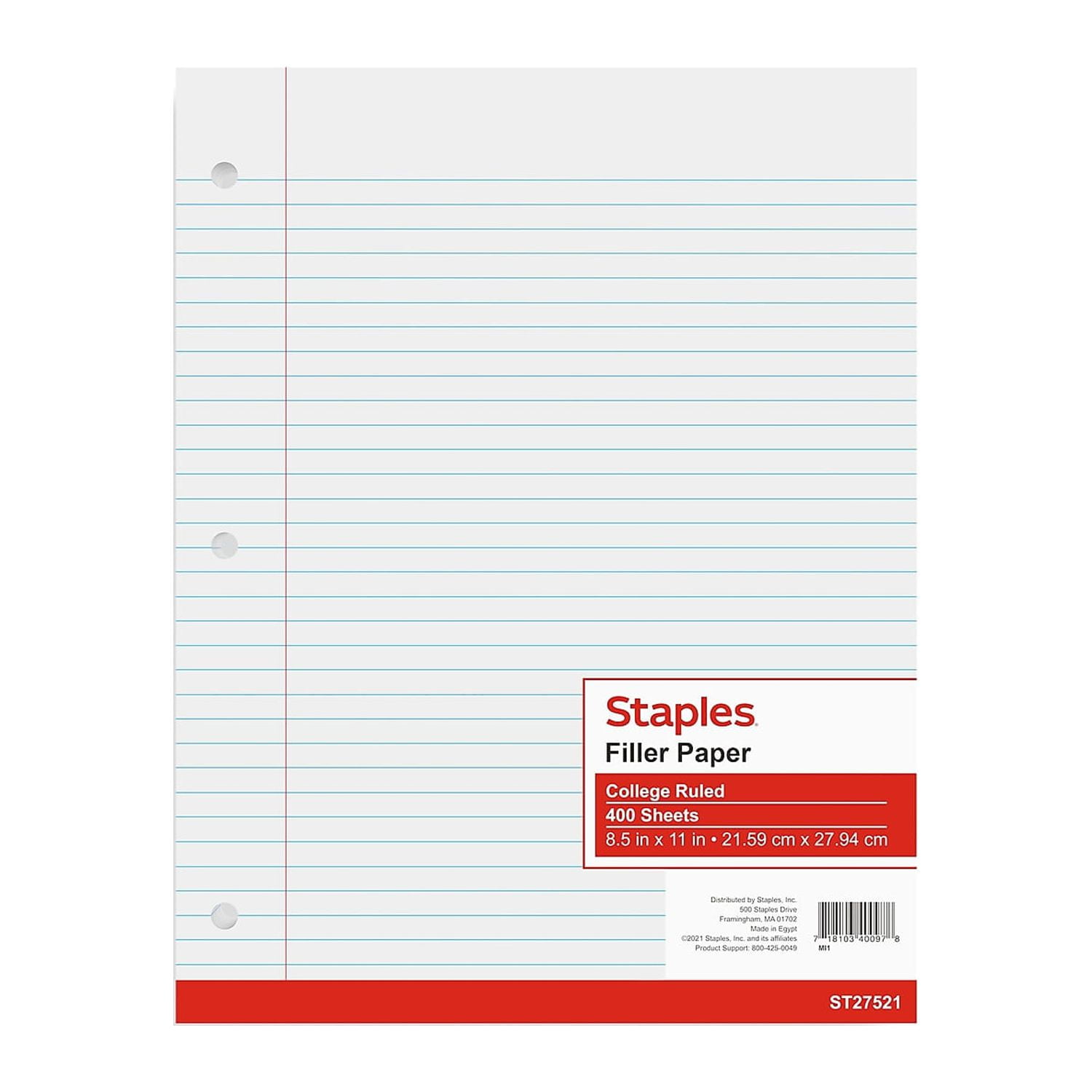 Staples College Ruled Filler Paper 8 1/2 x 11 400/Pack (27521M) TR27521M  