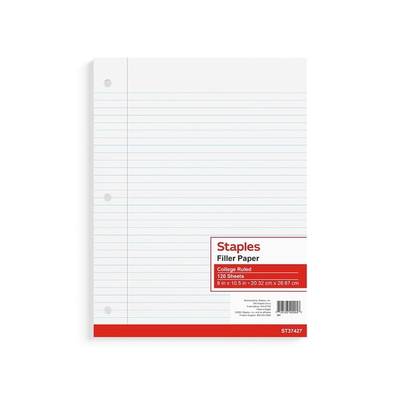 Staples College Ruled Filler Paper 8" x 10.5" White 120 Sheets/Pack 36 Packs/Carton (TR37427)