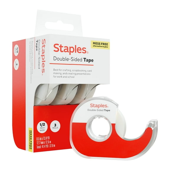 Staples Double-Sided Tape with Dispenser 1/2" x 13.8 yds. 1" Core 3/Pack (ST62848)