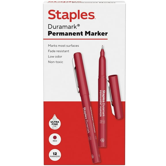 Staples Duramark Permanent Marker Ultra Fine Tip Red Dozen (ST62947)