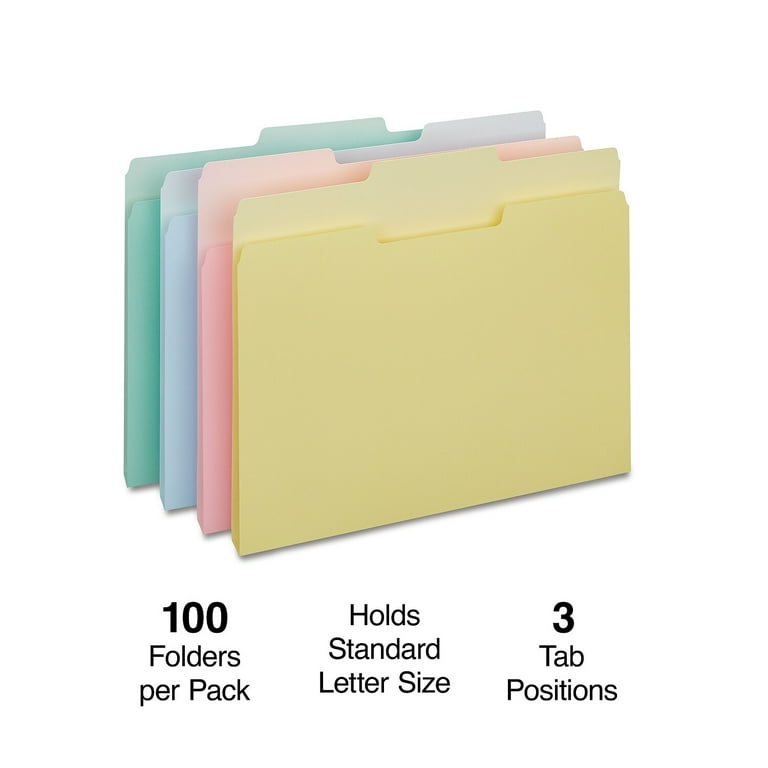 Pastel Colored File Folders, 1/3-Cut Tabs: Assorted, Letter Size, Assorted Colors, 100/Box Pastel Colored File Folders, 1/3-Cut Tabs: Assorted, Letter Size, Assorted Colors, 100/Box