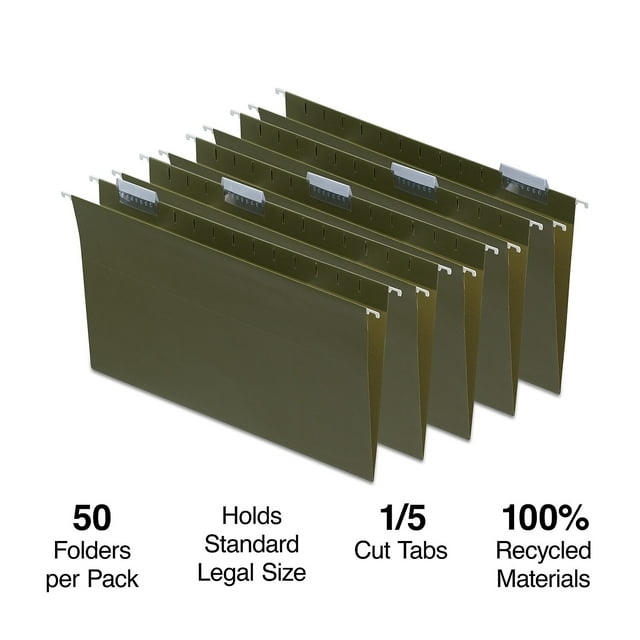 Staples Hanging File Folder 5Tab Legal Size Standard Green 100/Carton ST490853/4908VS