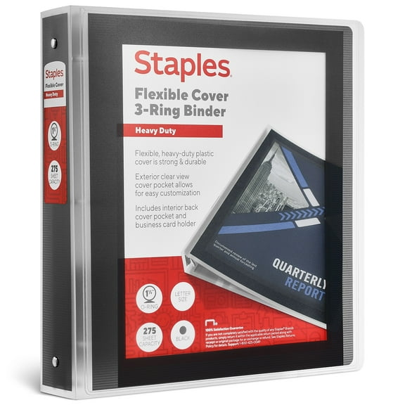 Staples Heavy Duty 1 1/2" 3-Ring Flexible Poly Binder Black (ST62615)