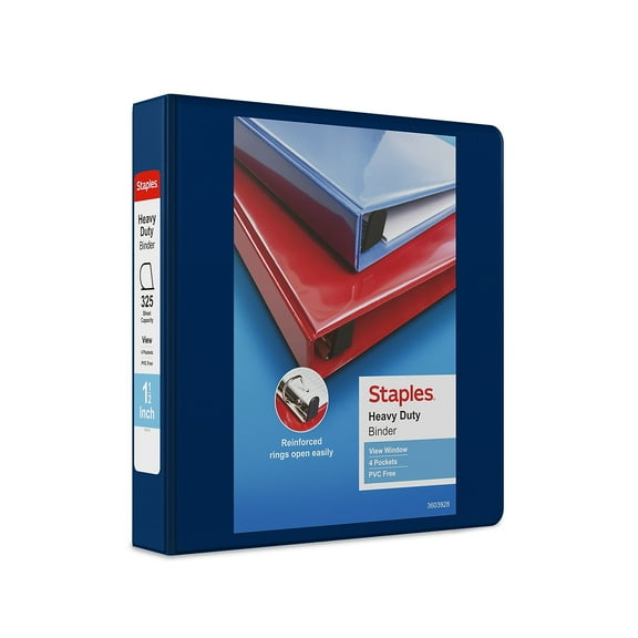 Staples Heavy-Duty 1 1/2" 3-Ring View Binder with D-Rings and Four Interior Pockets Navy Blue